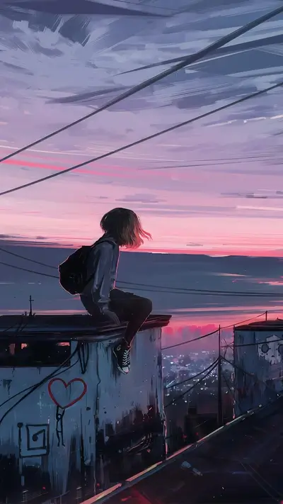 Girl sitting on a rooftop at sunset