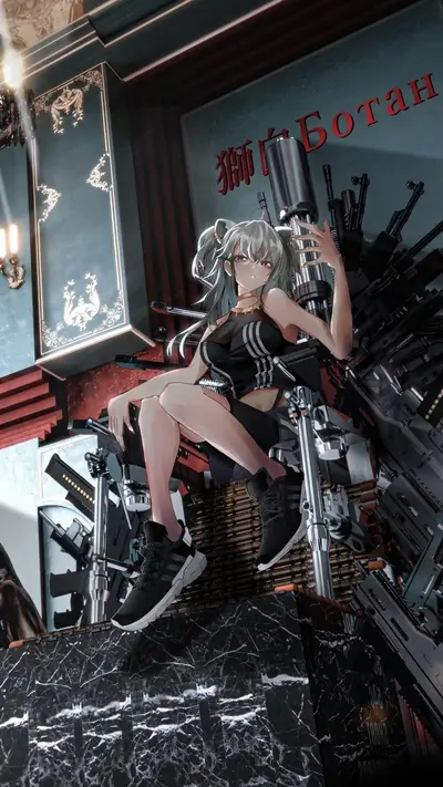 Girl sitting on a throne of weapons