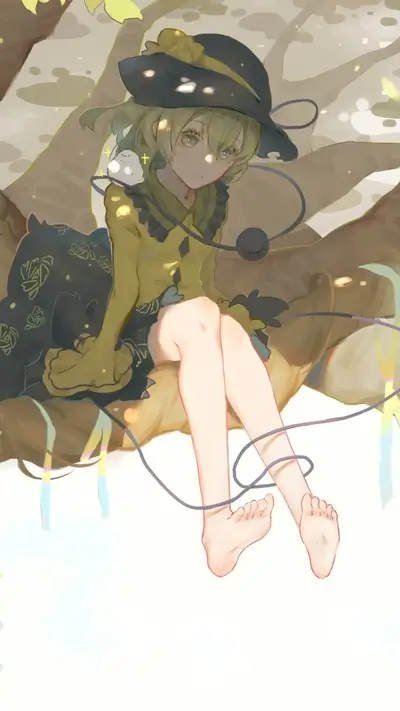 Girl sitting on a tree with a bird and long cable