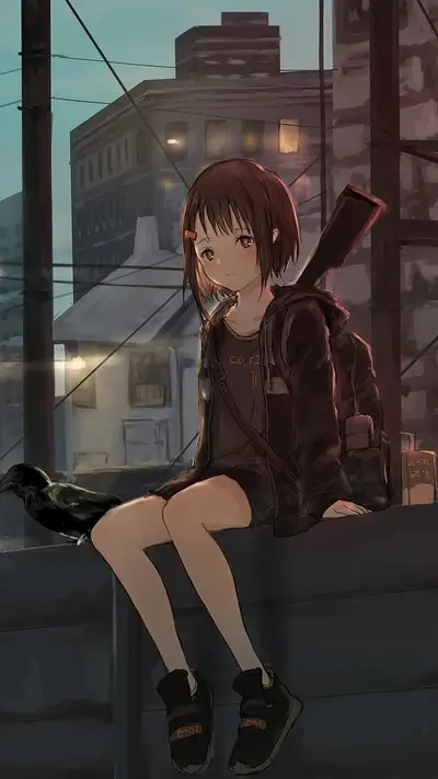 Girl sitting on a wall with a rifle