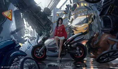 Girl sitting on motorcycle in futuristic city