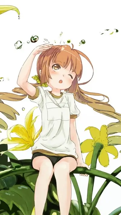 Girl sitting on plants, water droplets