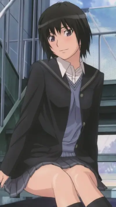 Girl sitting on stairs, school uniform