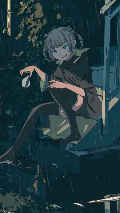 Girl sitting on steps in the rain, holding a can