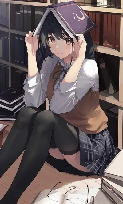 Girl sitting on the floor with a book on her head