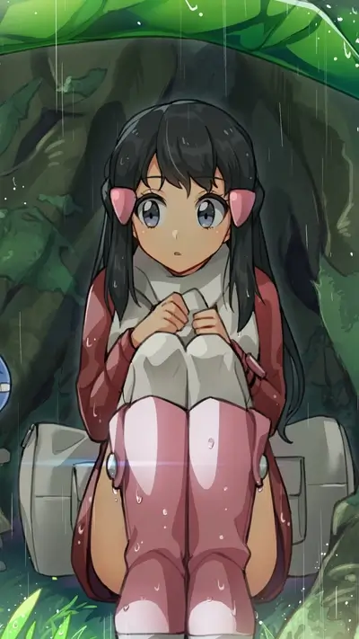 Girl sitting under a leaf in the rain