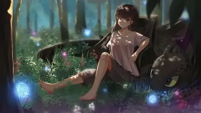 Girl sitting with a dragon in a forest