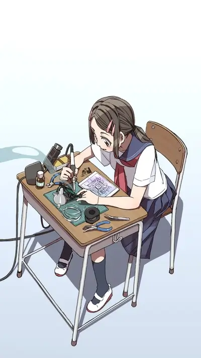 Girl soldering electronic components on a school desk