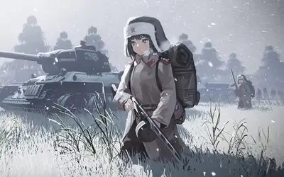 Girl soldier in snowy field with tanks