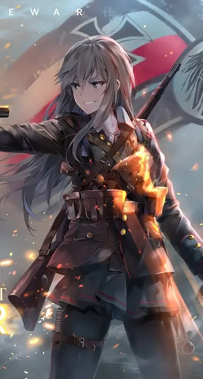 Girl soldier with rifle in battle