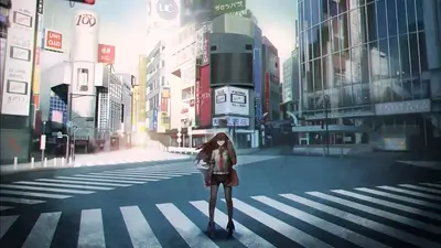 Girl standing at a crosswalk in a busy city