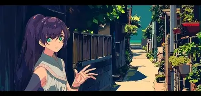 Girl standing at end of alleyway, plants on walls lead to beach
