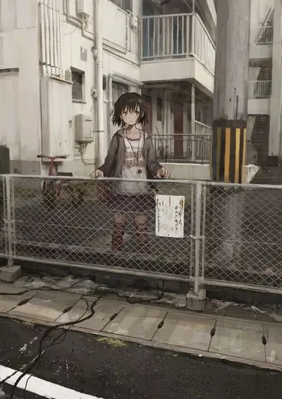 Girl standing behind a chain-link fence in an alleyway