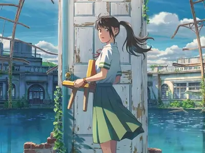 Girl standing by a door, carrying chair in a flooded, overgrown building