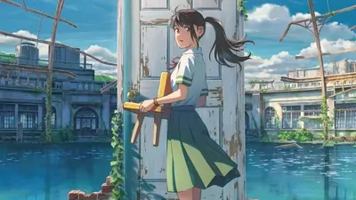 Girl standing by a door in a flooded city