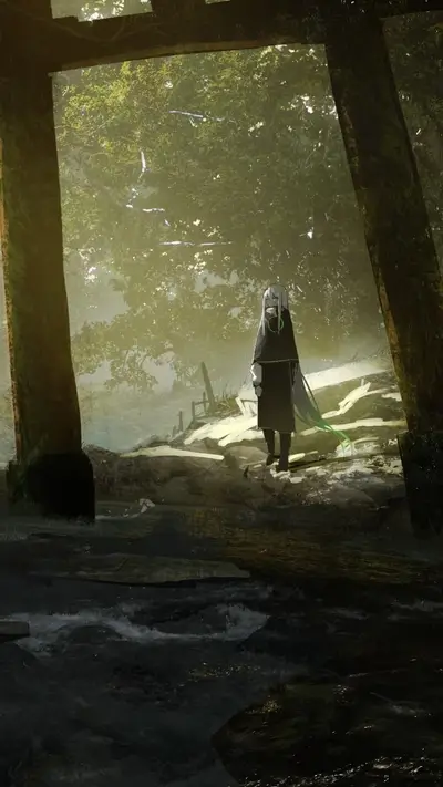 Girl standing by a river in a forest
