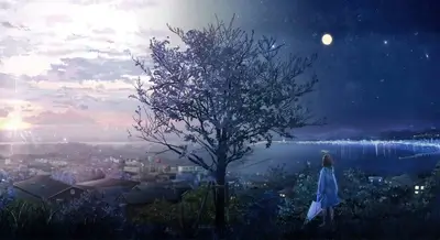 Girl standing by a tree, day and night cityscape