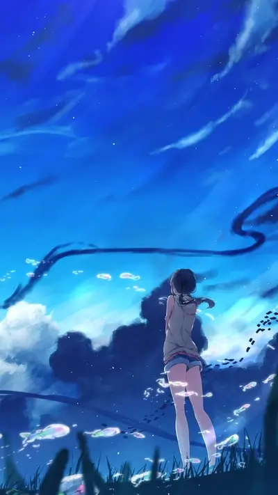 Girl standing in a field, looking at a vast blue sky