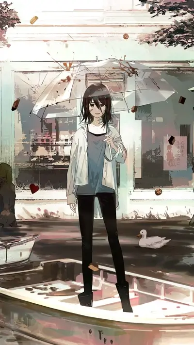 Girl standing in a flooded street holding an umbrella, surreal setting