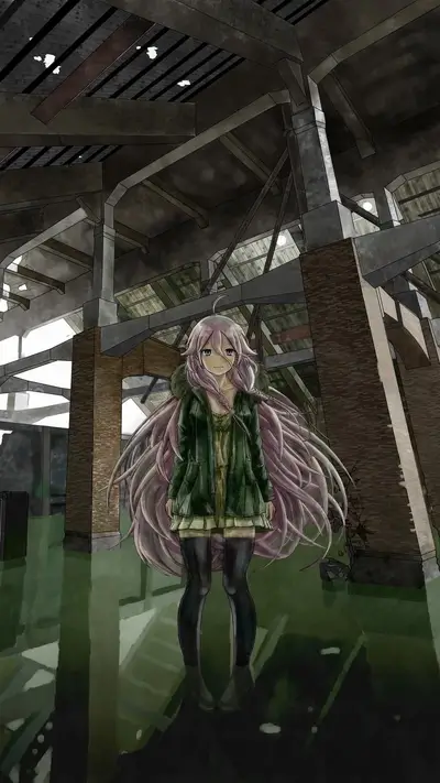 Girl standing in a ruined building