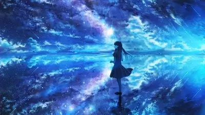 Girl standing in a starry night sky
