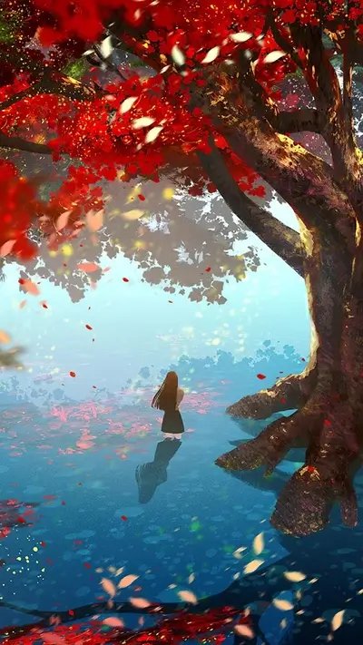Girl standing in a tranquil, autumnal scene