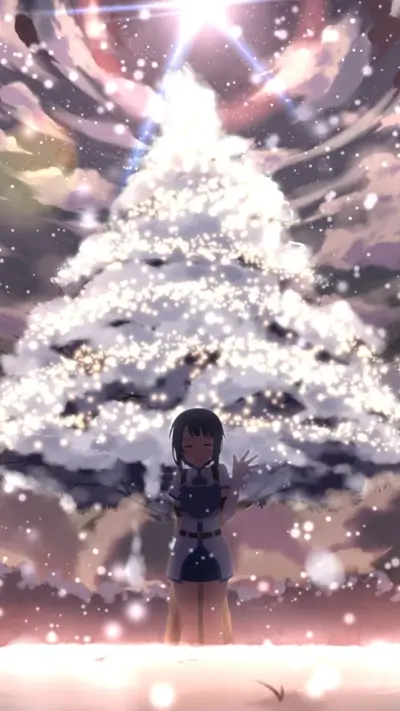 Girl standing in front of a glowing tree in the snow