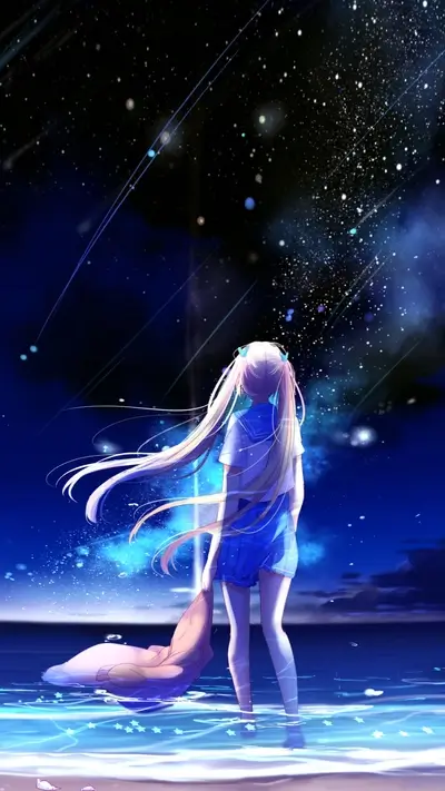 Girl standing in the ocean at night