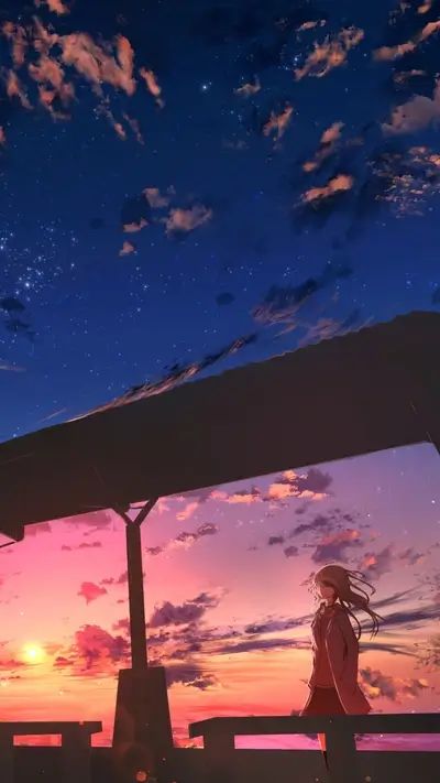 Girl standing on a bridge at sunset