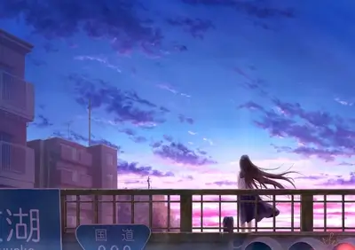 Girl standing on a bridge at sunset