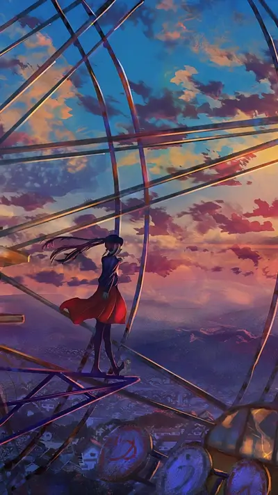 Girl standing on a Ferris wheel during sunset