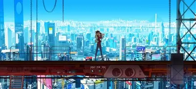 Girl standing on a high platform overlooking a futuristic city