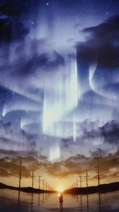 Girl standing on a road at sunset under a starry sky