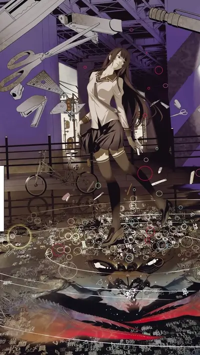 Girl standing on street full of words and circles, next to bike and stationary.