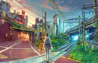 Girl standing on train tracks, urban landscape