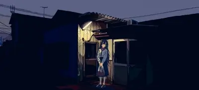 Girl standing outside a dimly lit building at night