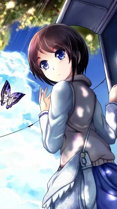 Girl standing under an awning, butterfly