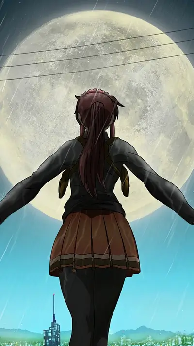 Girl standing with arms outstretched under a full moon
