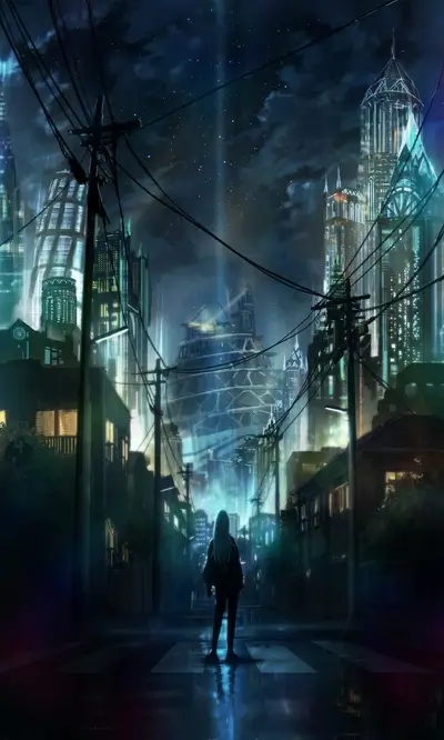 Girl stands at rainy crosswalk, futuristic city street background at night