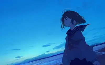 Girl stands in blue, looking away with a nostalgic expression