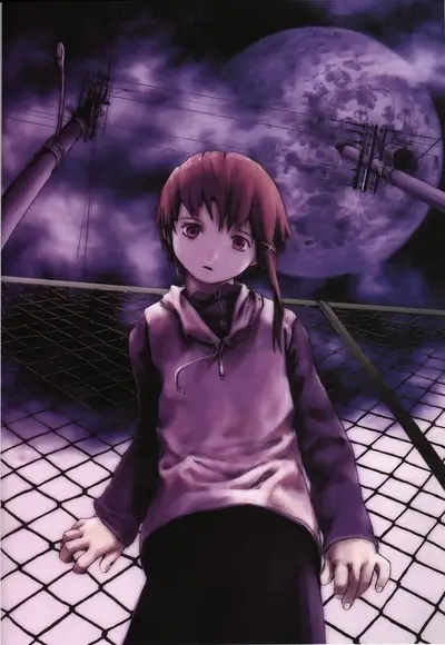 Girl stands near fence, mysterious moon and ominous electrical poles behind her