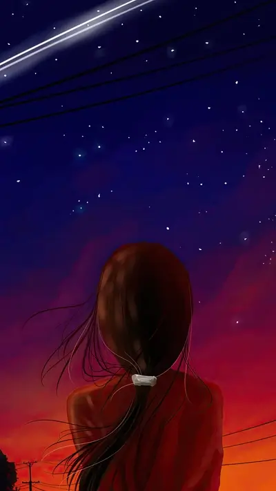 Girl staring at the sky during sunset with shooting star and telephone wires
