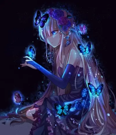 Girl surrounded by glowing butterflies in the darkness