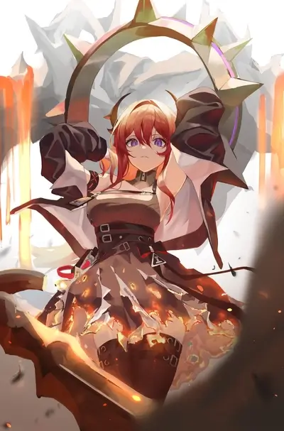 Girl surrounded by orange flames, wearing leather attire, halo behind head