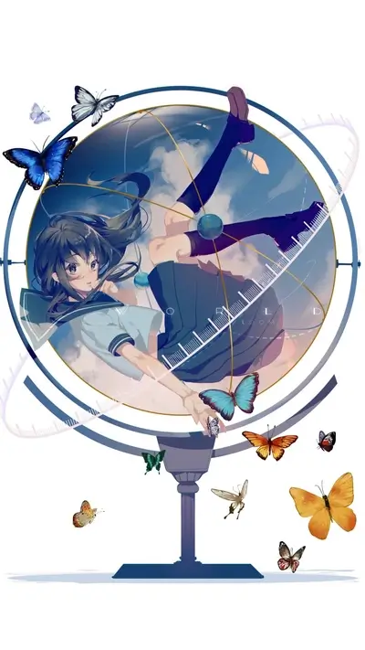 Girl suspended in globe with butterflies, school uniform, serene, surreal