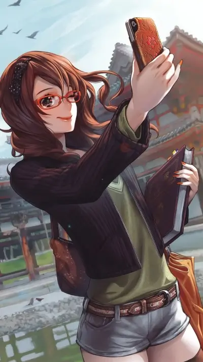 Girl taking selfie with a book, wearing glasses and light blue shorts