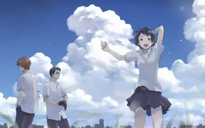 Girl throwing baseball under bright blue sky with fluffy clouds