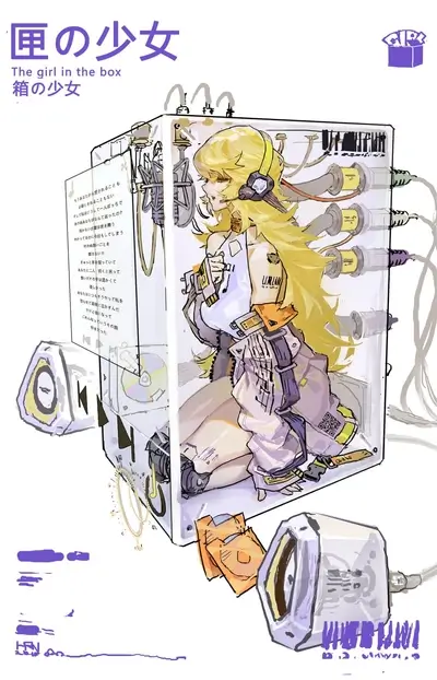 Girl trapped in a box with cables and speakers