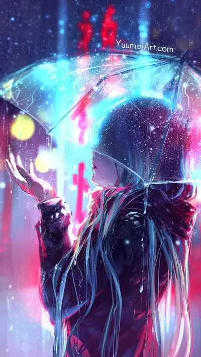Girl under a glowing umbrella in the rain