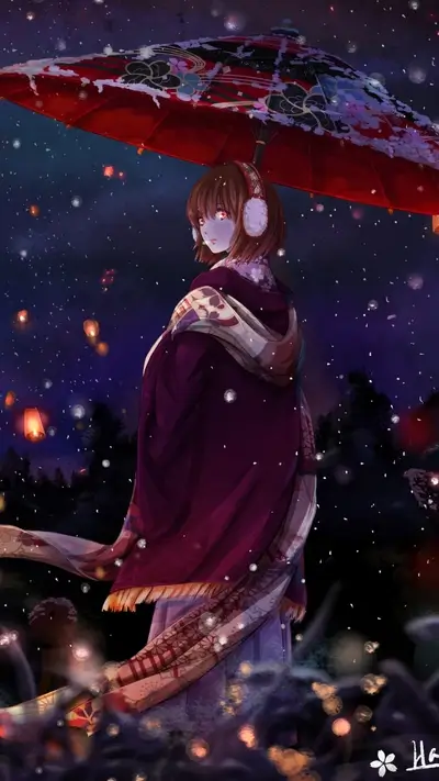 Girl under a red umbrella in the snow